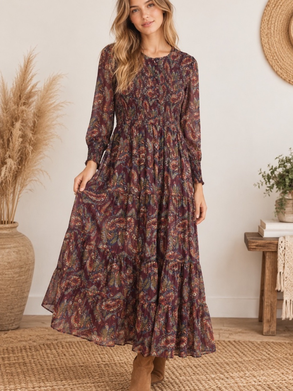 Boho Paisley Smocked Tiered Maxi Dress Long Sleeve 0X NWT Girl Soul